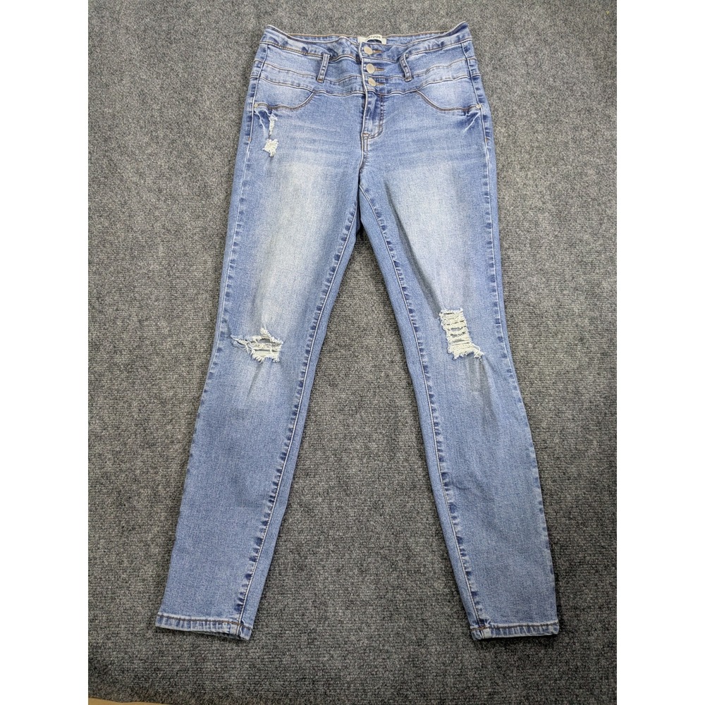 Refuge Skinny Jeans Women 10 Blue High Rise Distressed Multi Button Fly Denim